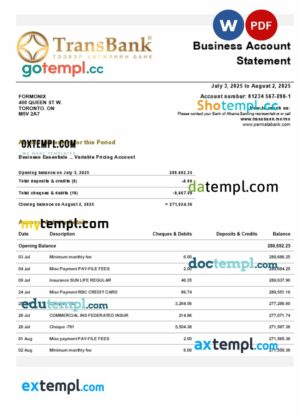 Transbank firm account statement Word and PDF template