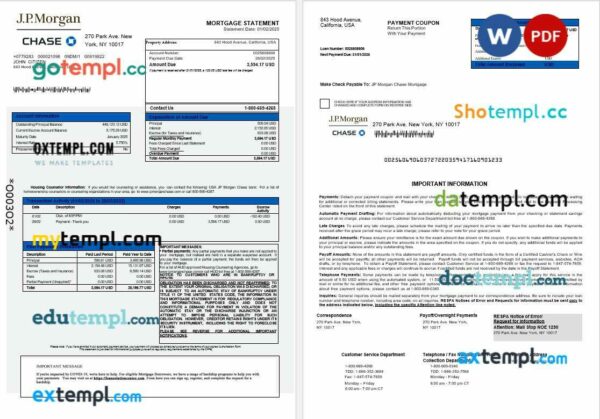 USA JP Morgan Chase bank mortgage statement in Word and PDF formats