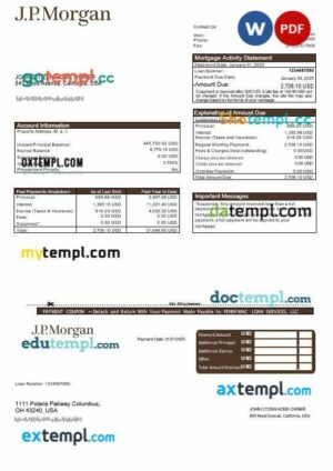 USA JP Morgan bank mortgage statement in Word and PDF formats