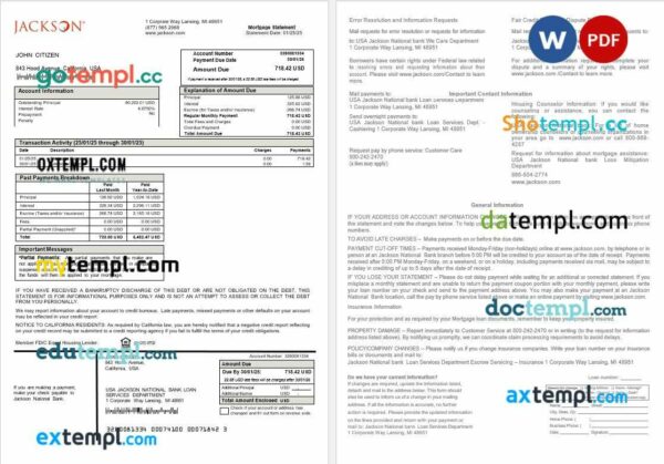 USA Jackson National bank mortgage statement in Word and PDF formats