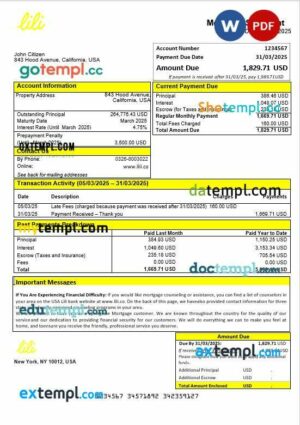 USA Lili bank mortgage statement in Word and PDF formats