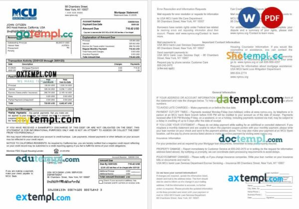 USA MCU bank mortgage statement in Word and PDF formats