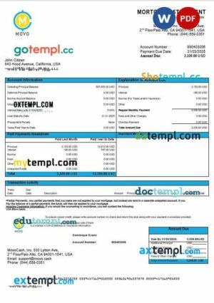 USA MOVO bank mortgage statement in Word and PDF formats