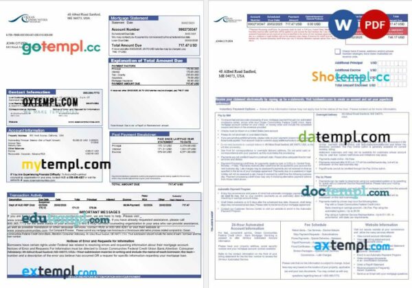 USA Maine Ocean Communities Federal Credit Union bank mortgage statement in Word and PDF formats, 3 pages