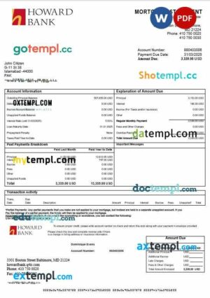 USA Maryland Howard Business bank mortgage statement in Word and PDF formats