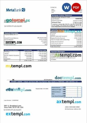 USA Meta Bank card mortgage statement in Word and PDF formats