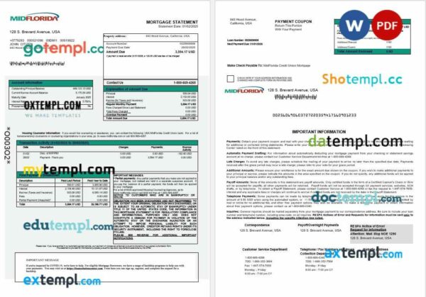 USA MidFlorida Credit Union bank mortgage statement in Word and PDF formats