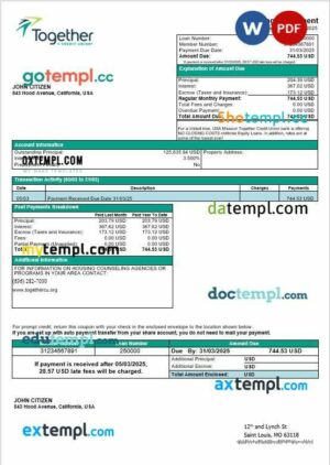 USA Missouri Together Credit Union bank mortgage statement in Word and PDF formats