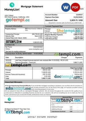 USA Moneylion bank mortgage statement in Word and PDF formats