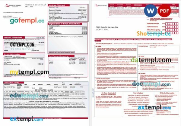 USA Mountain America Credit Union bank mortgage statement in Word and PDF formats, 3 pages