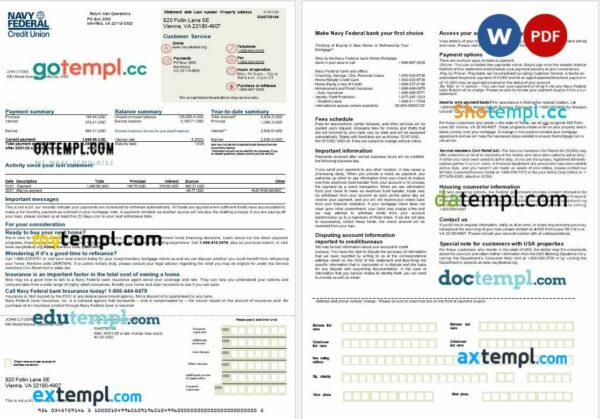 USA Navy Federal bank mortgage statement in Word and PDF formats, 2 pages