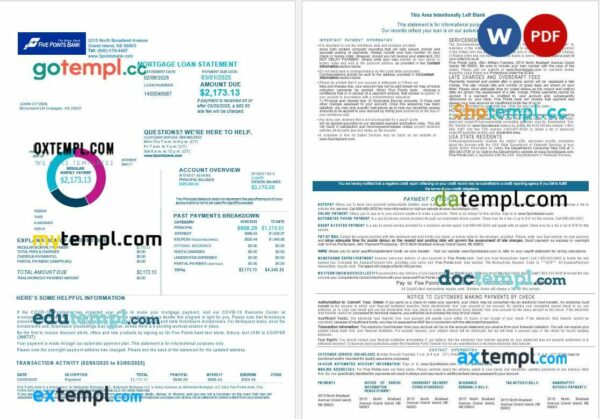 USA Nebraska Five Points Bank mortgage loan statement in Word and PDF formats, 4 pages