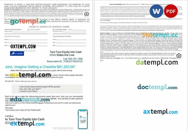 USA Nebraska Five Points Bank mortgage loan statement in Word and PDF formats, 4 pages - Image 2