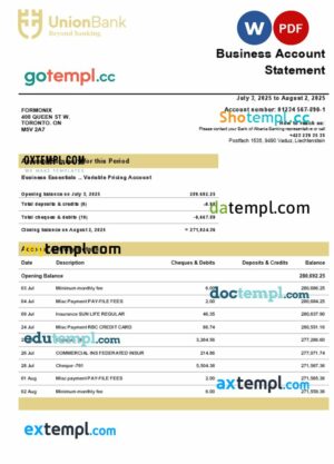 Union Bank AG company checking account statement Word and PDF template