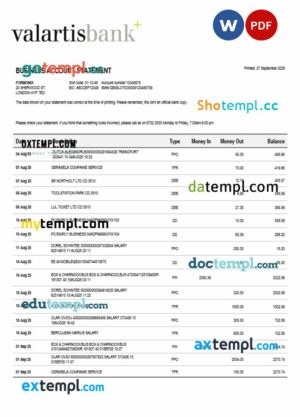 Valartis organization checking account statement Word and PDF template