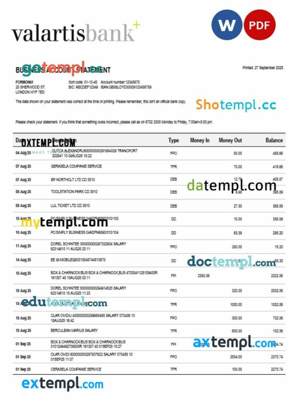Valartis organization checking account statement Word and PDF template