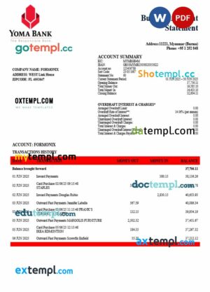 Yoma organization checking account statement Word and PDF template