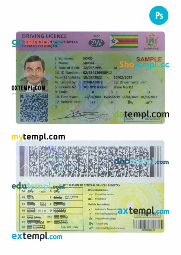 Zimbabwe driving license PSD editable template