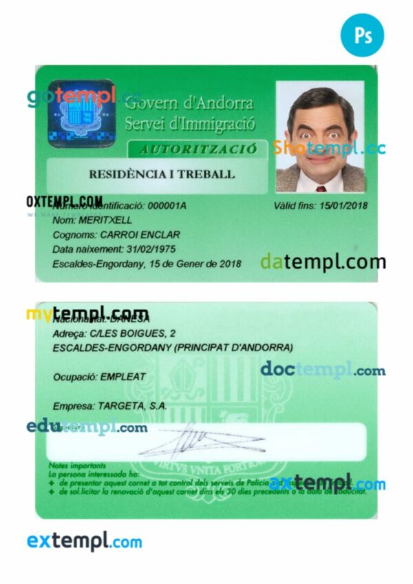 Andorra residence permit card PSD example