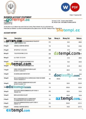Iran Bank Sepah bank enterprise account statement Word and PDF template