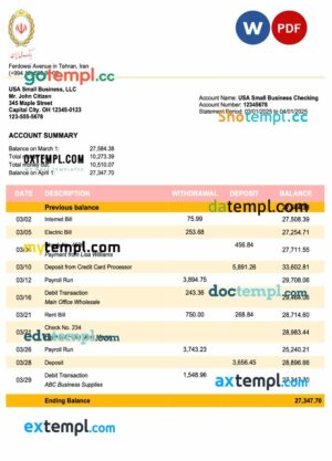 Iran Melli Bank business checking account statement Word and PDF template