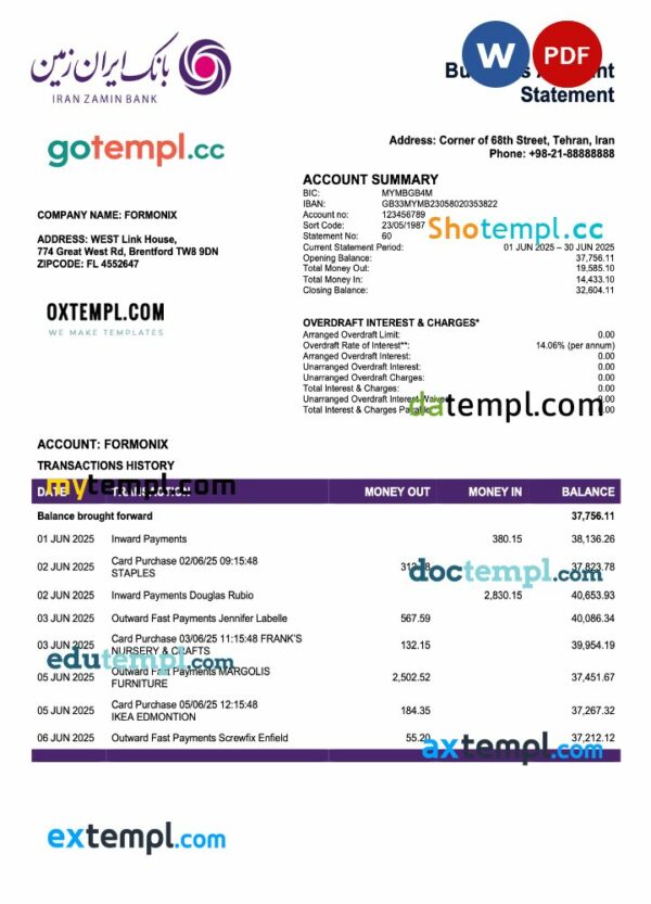 Iran Zamin bank firm account statement Word and PDF template