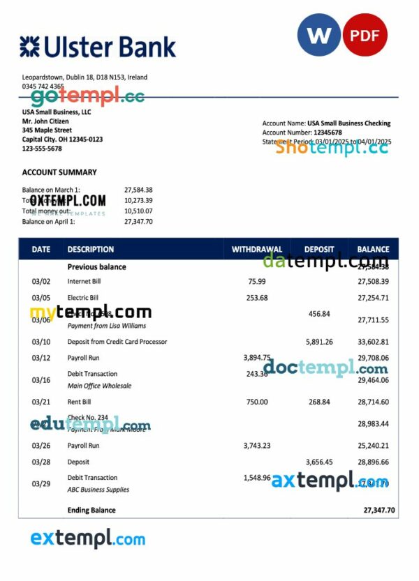 Irish Ulster Bank business checking account statement Word and PDF template