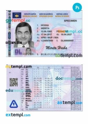 Kosovo driving license PSD editable template, 2017-present