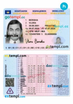Kosovo driving license PSD editable template, 2024-present
