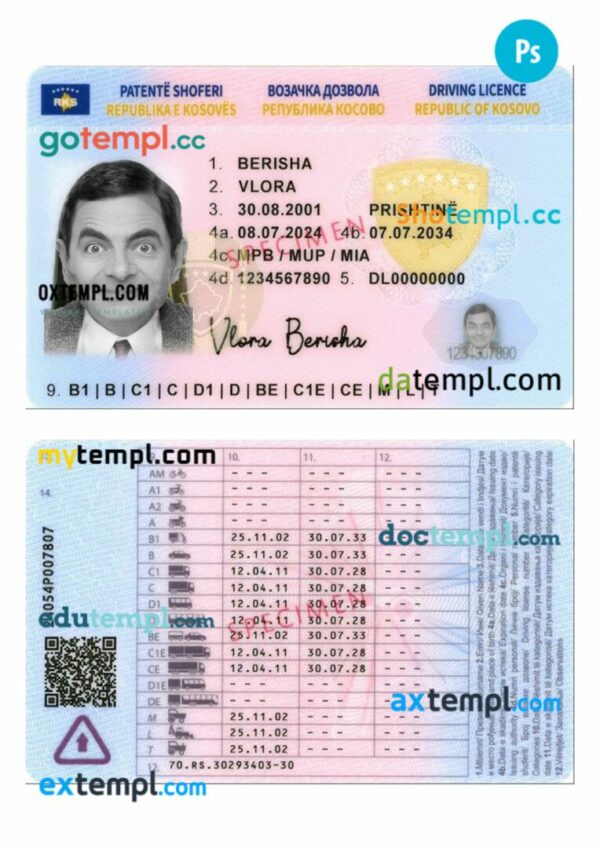 Kosovo driving license PSD editable template, 2024-present