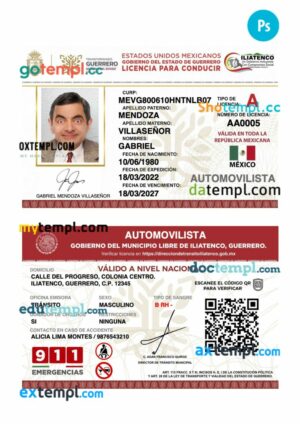 Mexico Guerrero state driving license PSD editable template