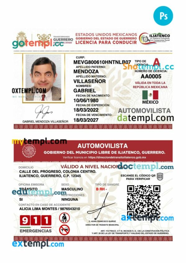 Mexico Guerrero state driving license PSD editable template