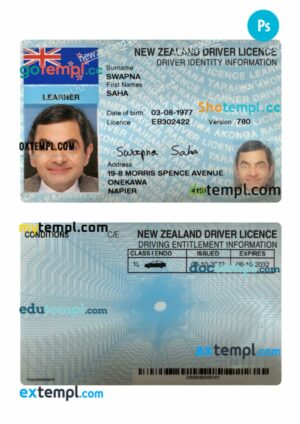 New Zealand driving license PSD editable template, 2022-present