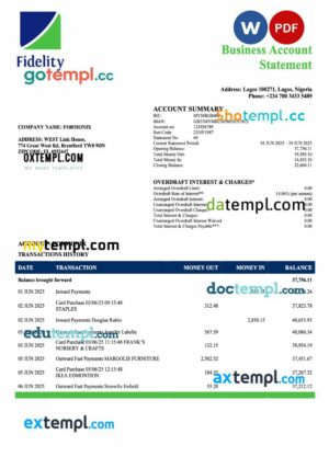 Nigeria Fidelity Bank enterprise account statement Word and PDF template