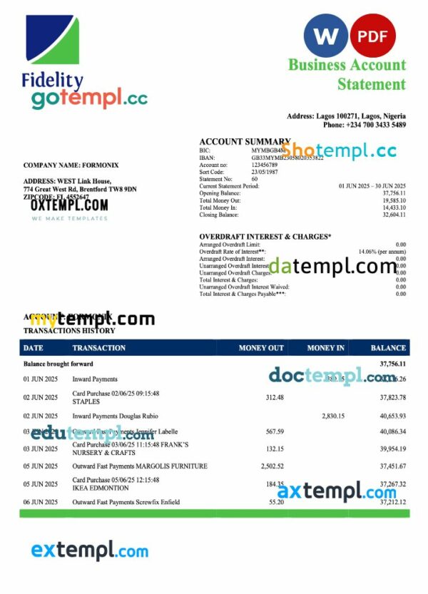 Nigeria Fidelity Bank enterprise account statement Word and PDF template