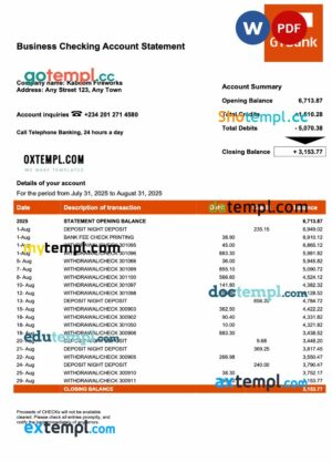 Nigeria GTBank firm account statement Word and PDF template
