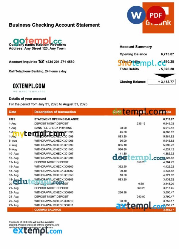 Nigeria GTBank firm account statement Word and PDF template