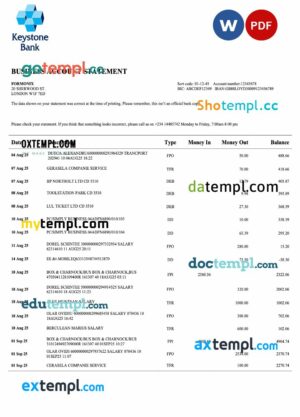 Nigeria Keystone Bank organization account statement Word and PDF template