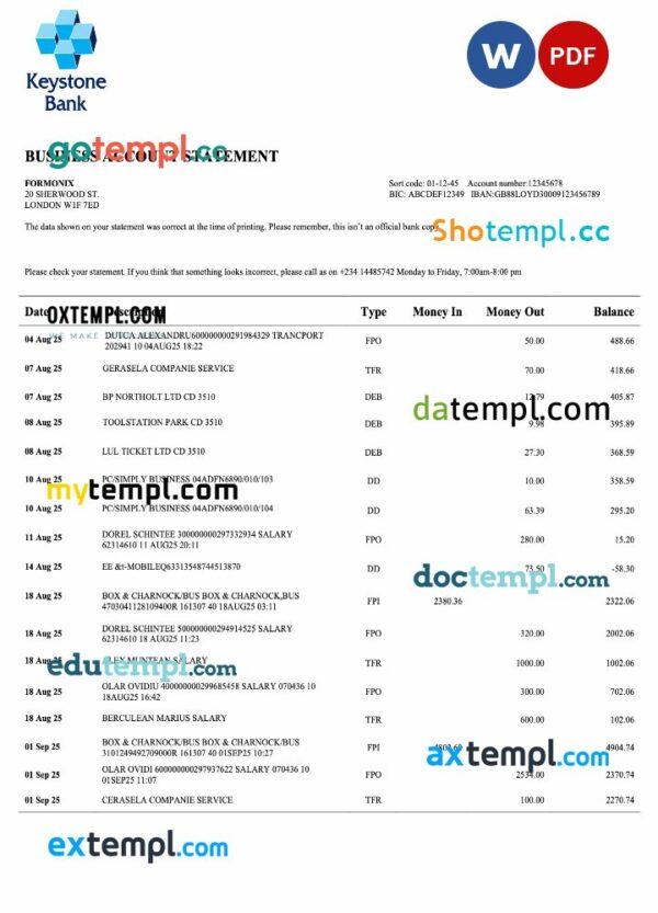 Nigeria Keystone Bank organization account statement Word and PDF template
