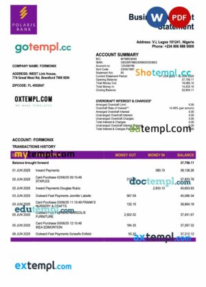 Nigeria Polaris enterprise account statement Word and PDF template