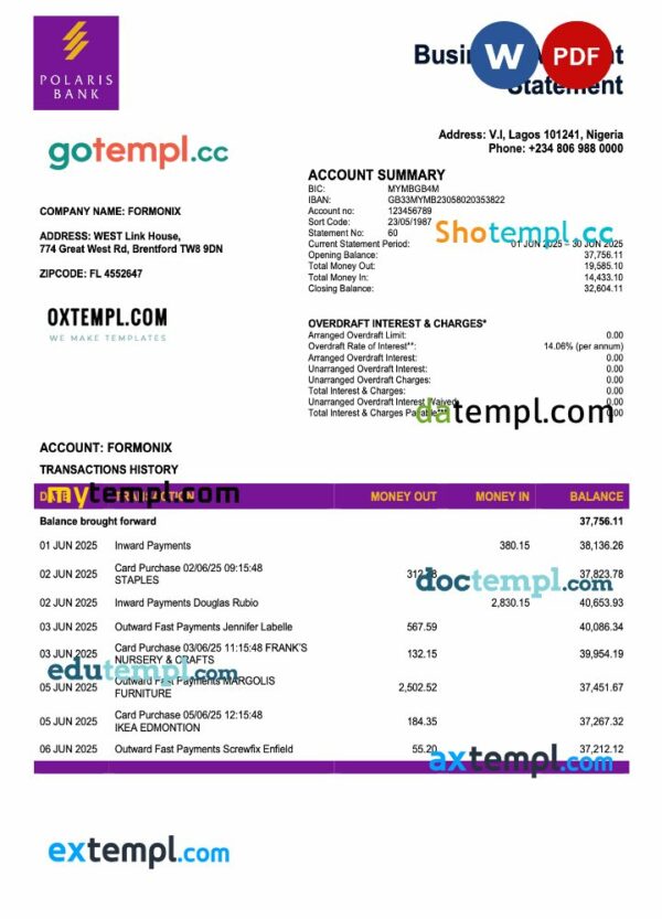 Nigeria Polaris enterprise account statement Word and PDF template