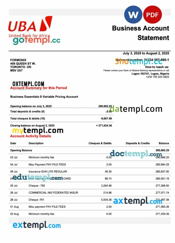Nigeria UBA business checking account statement Word and PDF template
