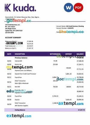 Nigerienia KudaBank organization account statement Word and PDF template