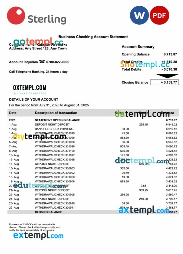 Nigerienia Sterling bank corporate account statement Word and PDF template