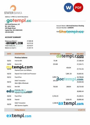 North Macedonia Stater Banka firm account statement Word and PDF template