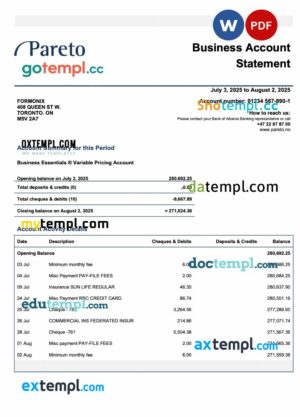 Norway Pareto business checking account statement Word and PDF template