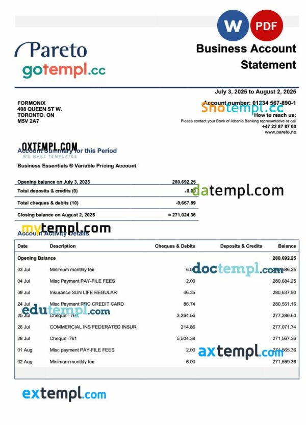 Norway Pareto business checking account statement Word and PDF template