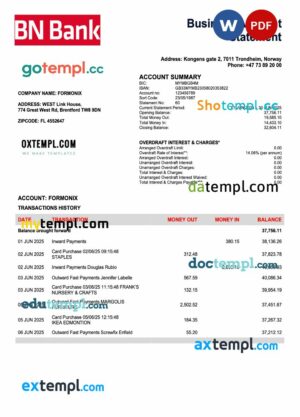 Norwegian BN Bank firm account statement Word and PDF template