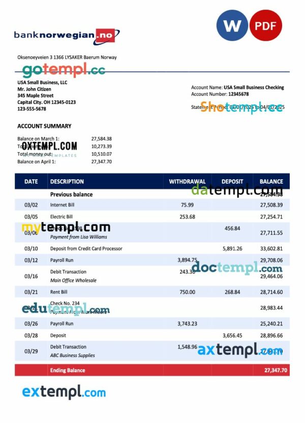 Norwegian Bank Norwegian AS organization statement Word and PDF template