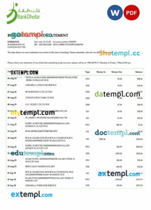 Omani Bank Dhofar firm account statement Word and PDF template